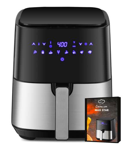 Max Star Freidora sin Aceite 5L Acero Inoxidable 1450W Digital Tactil Dietetica Aire Caliente 360º 8 Funciones Incluye Libro de Recetas GRATIS