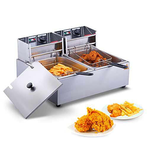 VEVOR Freidora Eléctrica Comercial 2 Tanques 12 L 5000 W Freidora de Aceite de Acero Inoxidable con 2 Cestas para Freír Tapas Temperatura Ajustable 50-200 ºC para Aros de Cebolla Pollo Papas Fritas