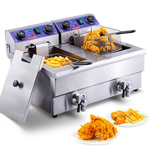 VEVOR Freidora Eléctrica Comercial 2 Tanques 12L 6000W Freidora de Aceite de Acero Inoxidable con 2 Cestas para Freír Temperatura y Tiempo Ajustables 50-200ºC para Aros de Cebolla Pollo Patatas Fritas