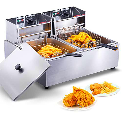 VEVOR Freidora Eléctrica Comercial 2 Tanques 12 L 5000 W Freidora de Aceite de Acero Inoxidable con 2 Cestas para Freír Tapas Temperatura Ajustable 50-200 ºC para Aros de Cebolla Pollo Papas Fritas