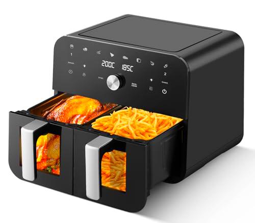 Freidora de Aire con Doble Cesta 9L, Air Fryer con con Ventana Visible